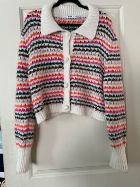 Zara Cream Collared Striped Knit Cardigan with Pink, Orange & Green